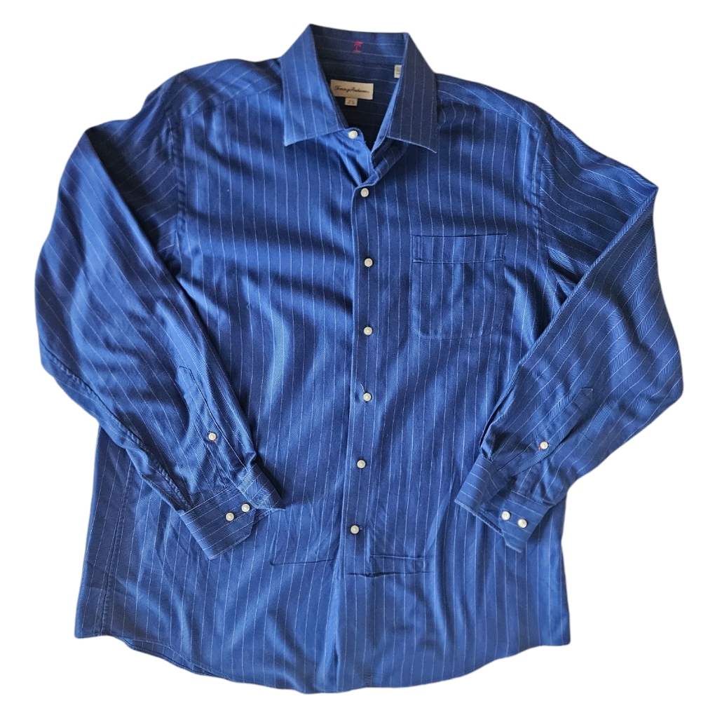TOMMY BAHAMA Blue Pinstripe Cotton Shirt | SZ 16.5" - Picture 2 of 13